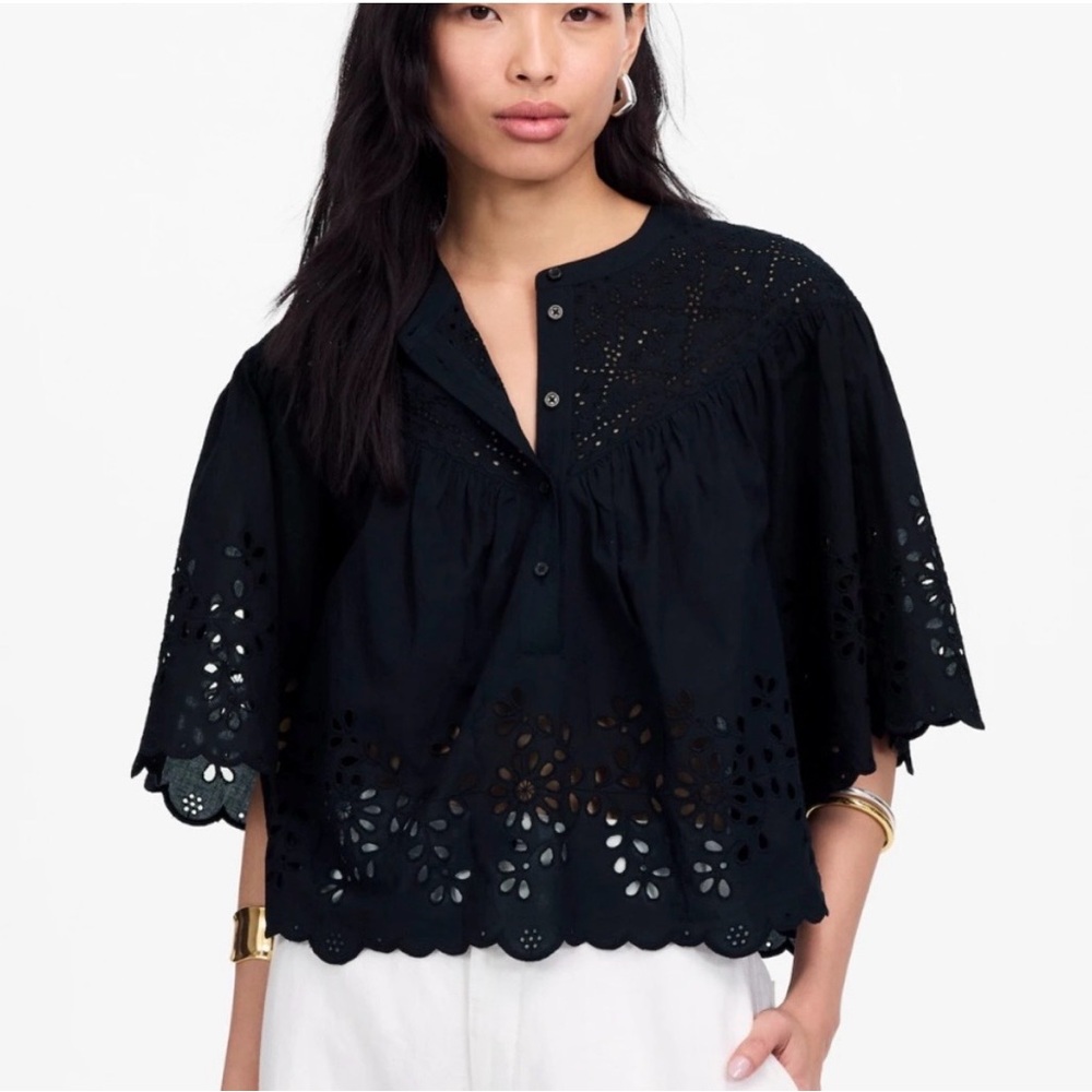 Madewell Embroidered Shirred Henley Top XL
